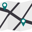 Mappa piegata con due segnaposto e strade incrociate.