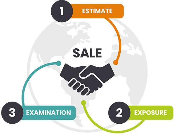 Sales process steps: estimate, exposure, examination, with handshake graphic. Infographic showing 3 steps of property selling: evaluation, visibility, and verification.
